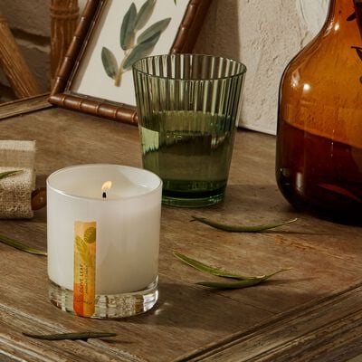 Thymes Olive Leaf Candle in Glossed Ceramic Jar featured on table with vases